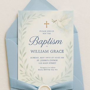 Blue Botanical Baptism Invitation with Dove