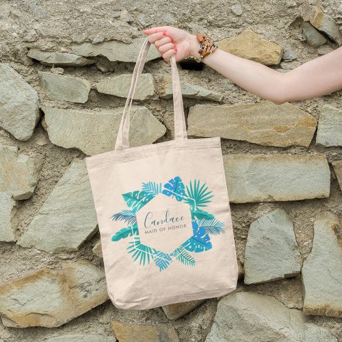 Blue Botanical Beach Maid of Honor Chic Monogram Tote Bag