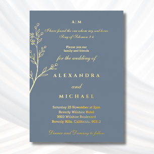 Blue Botanical Bible Verse Christian Wedding Gold Foil Invitation