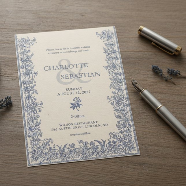 Blue botanical border vintage wedding  invitation (Creator Uploaded)