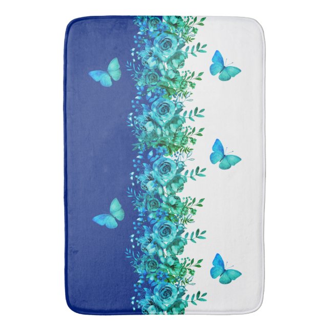 Blue Botanical Butterfly Bath Mat (Front Vertical)