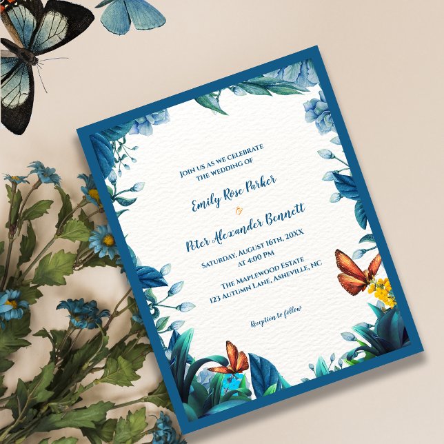 Blue Botanical Butterfly Wedding Invitation (Blue Botanical Butterfly Wedding Invitation)