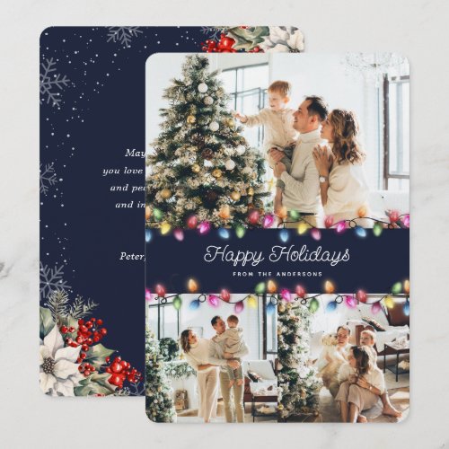Blue Botanical Christmas Lights Photo Holiday Card