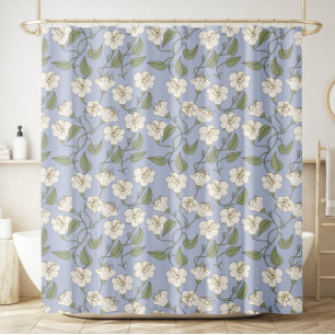 Blue botanical cottagecore floral shower curtain