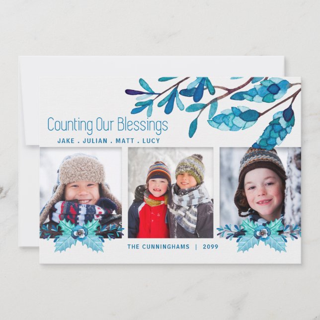 Blue Botanical Counting Blessings 3 Photos Holiday Card (Front)