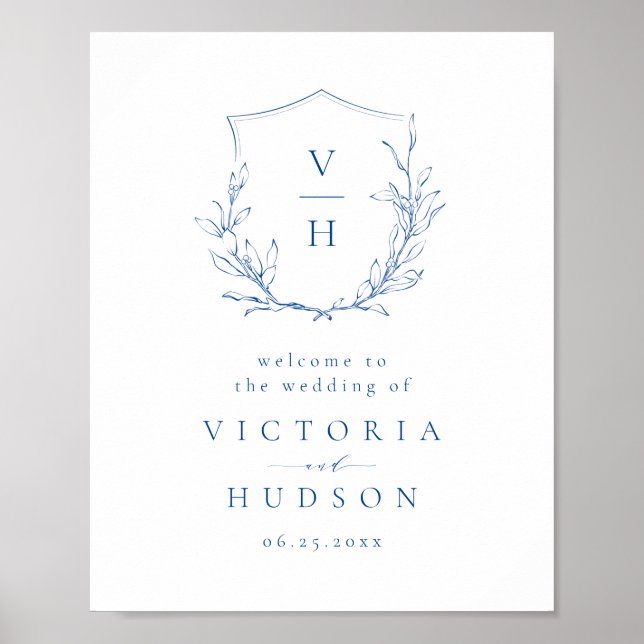 Blue botanical crest monogram wedding welcome sign (Front)