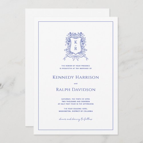 Blue Botanical Crest  Ribbon Elegant Wedding Invitation