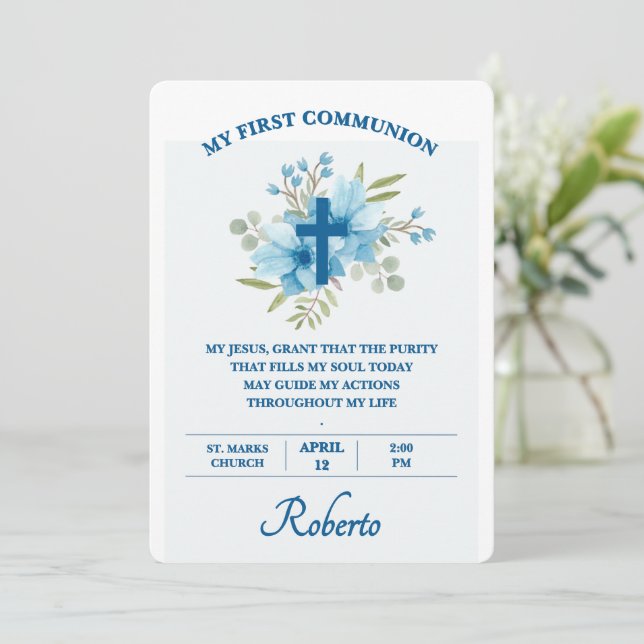 Blue Botanical Cross First Holy Communion  Invitation (Standing Front)