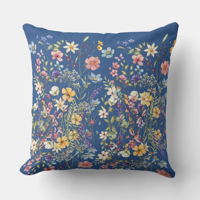 Blue Botanical Floral Design Throw Pillow (Front)