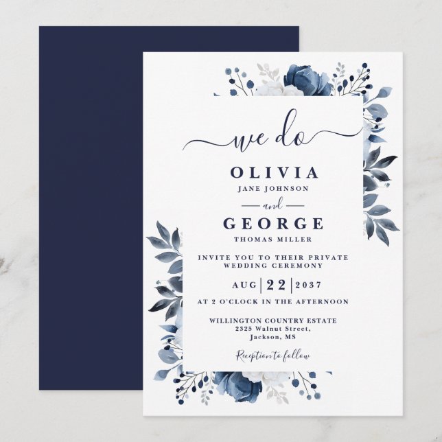 Blue Botanical Floral Intimate Private Wedding Invitation (Front/Back)