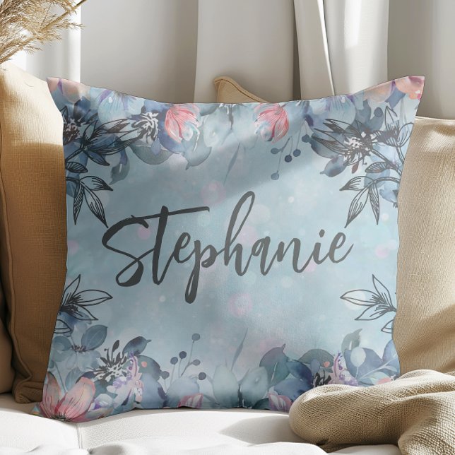 Blue Botanical Floral Name Throw Pillow (Creator Uploaded)