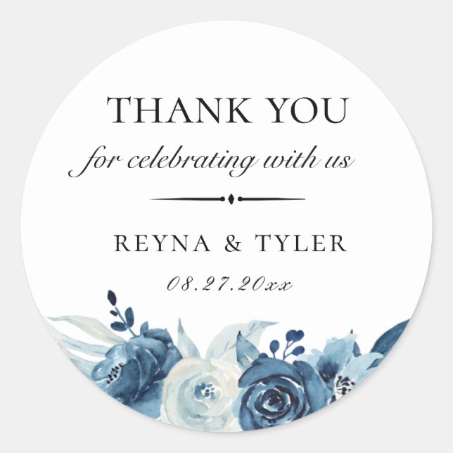 Blue Botanical Floral Wedding Favor Classic Round Sticker (Front)