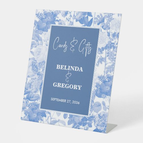 Blue Botanical Florals Wedding Cards  Gifts Pedestal Sign