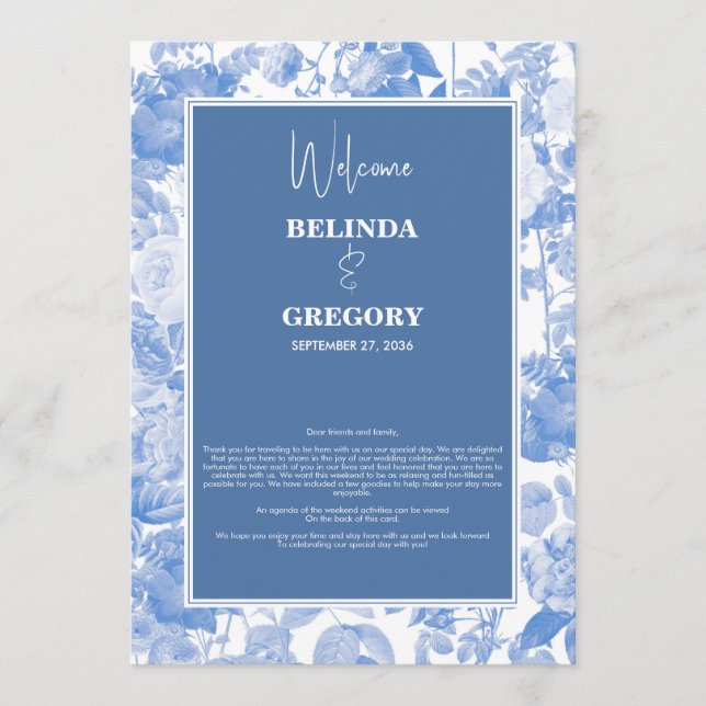 Blue Botanical Florals Wedding Itinerary Program (Front)