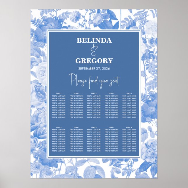 Blue Botanical Florals Wedding Seating Chart (Front)