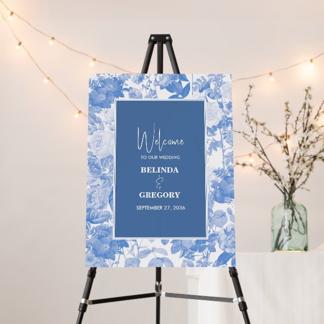 Blue Botanical Florals Wedding Welcome Sign (In Situ (Stand))