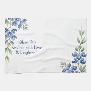 Blue Botanical Foliage Floral, Bless This Kitchen Towel