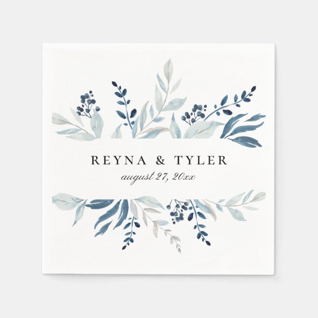 Blue Botanical Foliage Wedding Napkins (Front)