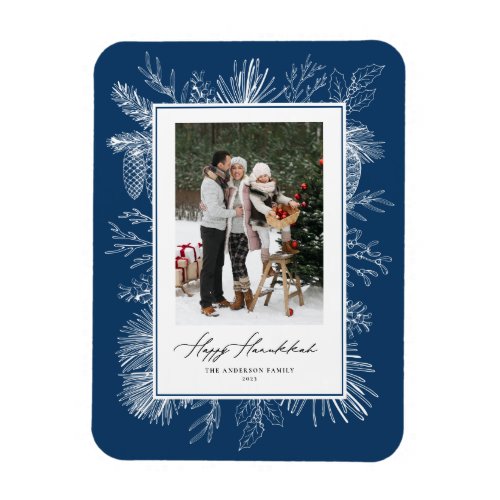 Blue Botanical Frame Happy Hanukkah Photo Magnet