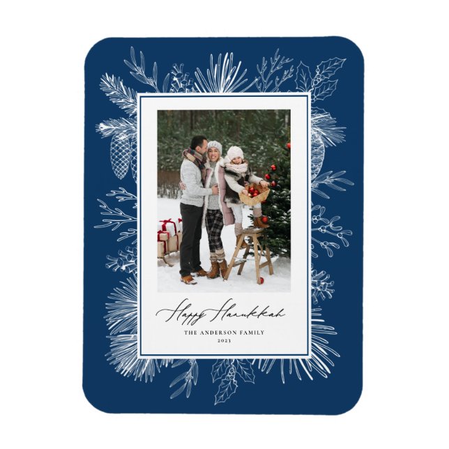 Blue Botanical Frame Happy Hanukkah Photo Magnet (Vertical)
