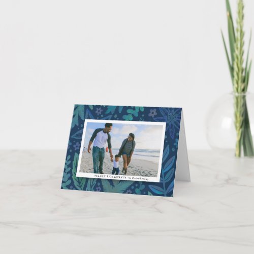 Blue Botanical Frame Holiday Photo Christmas Note Card