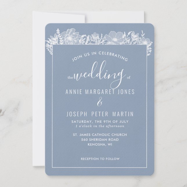 Blue Botanical Framed Wedding Invitation (Front)