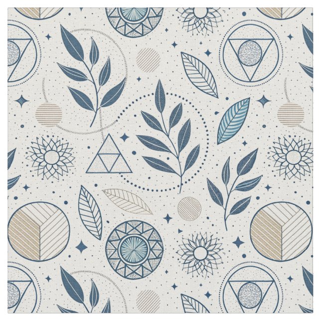 Blue Botanical Geometric Doodle Fabric (Close Up)