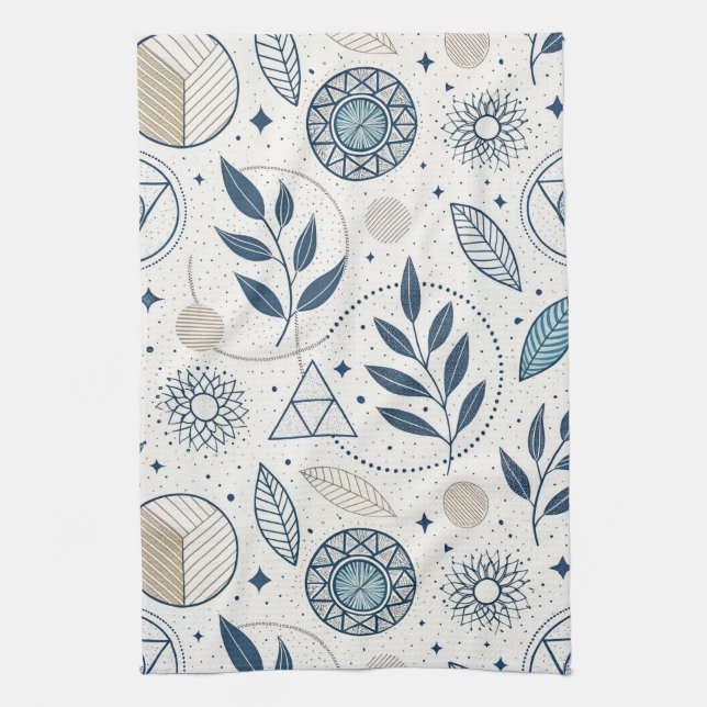 Blue Botanical Geometric Doodle Kitchen Towel (Vertical)