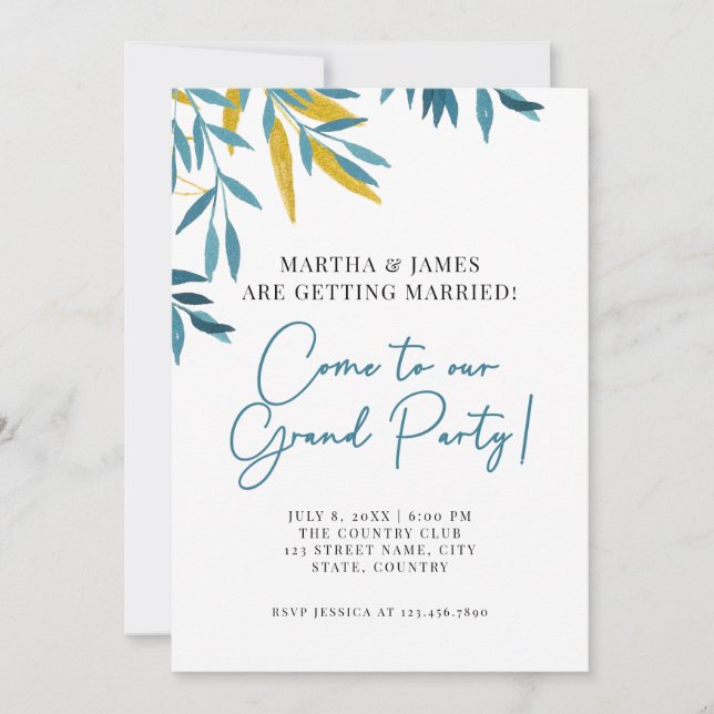 Blue Botanical Grand Party Wedding Invite (Front)