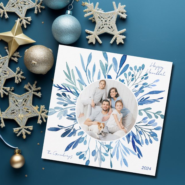 Blue Botanical Hanukkah Family Photo Square Holiday Card (Creator Uploaded)
