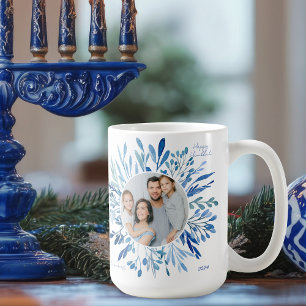 Blue Botanical Hanukkah Jewish Family Photo Coffee Mug