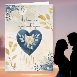 Blue Botanical Heart with Gold Script Accents Holiday Card