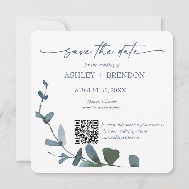 Blue Botanical Leaf Save the Date w/QR Code+Image Invitation (Front)