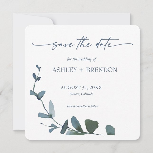 Blue Botanical Leaf Save the Date w/QR Code+Image Invitation (Front)