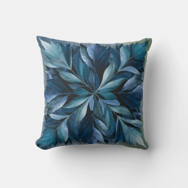 Blue Botanical Leaves Square Throw Pillow (Front)