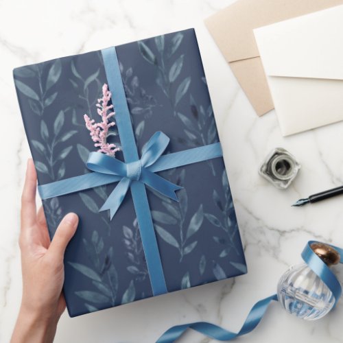 Blue Botanical Leaves Watercolor  Wrapping Paper