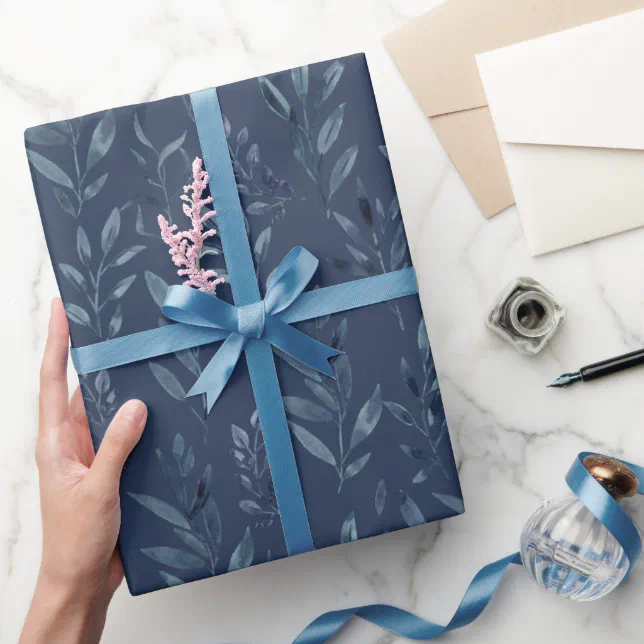 Blue Botanical Leaves Watercolor Wrapping Paper | Zazzle