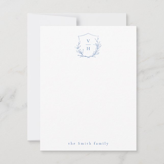 Blue botanical monogram personalized Stationery Note Card (Front)