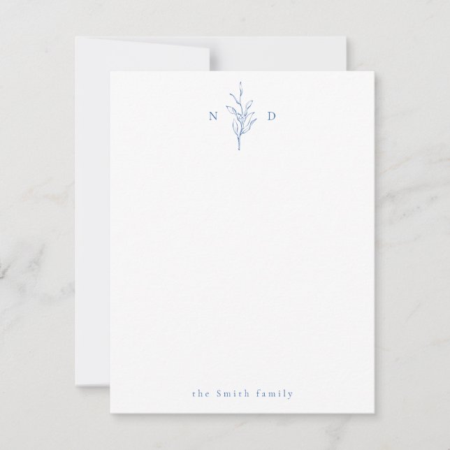 Blue botanical monogram personalized Stationery Note Card (Front)