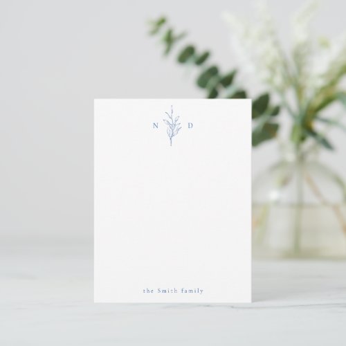 Blue botanical monogram personalized Stationery Note Card
