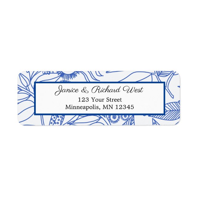 Blue Botanical Navy Frame Wedding Address Label (Front)