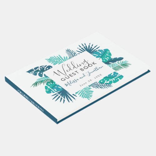 Blue Botanical Palm Leaf Tropical Beach Wedding Guest Book