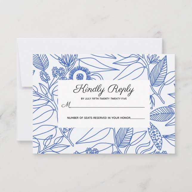 Blue Botanical Personalized Floral Wedding RSVP Card (Front)