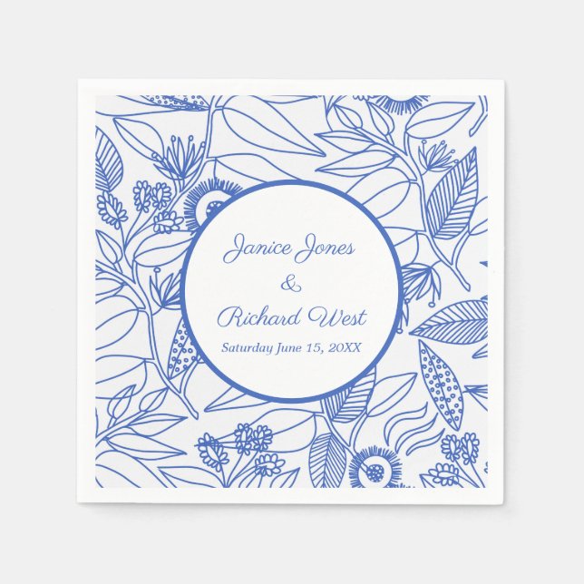 Blue Botanical Personalized Navy Frame Wedding Napkins (Front)