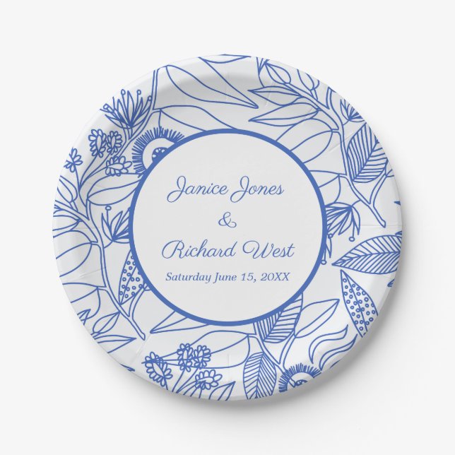 Blue Botanical Personalized Navy Frame Wedding  Paper Plates (Front)