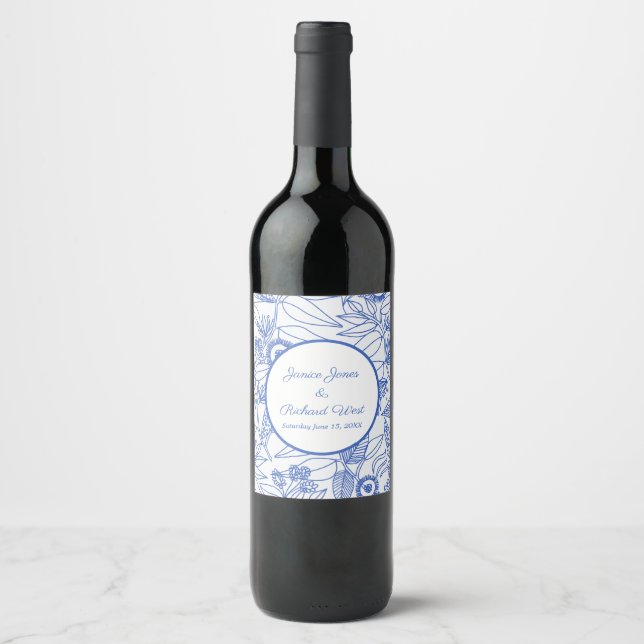 Blue Botanical Personalized Navy Frame  Wine Label (Front)