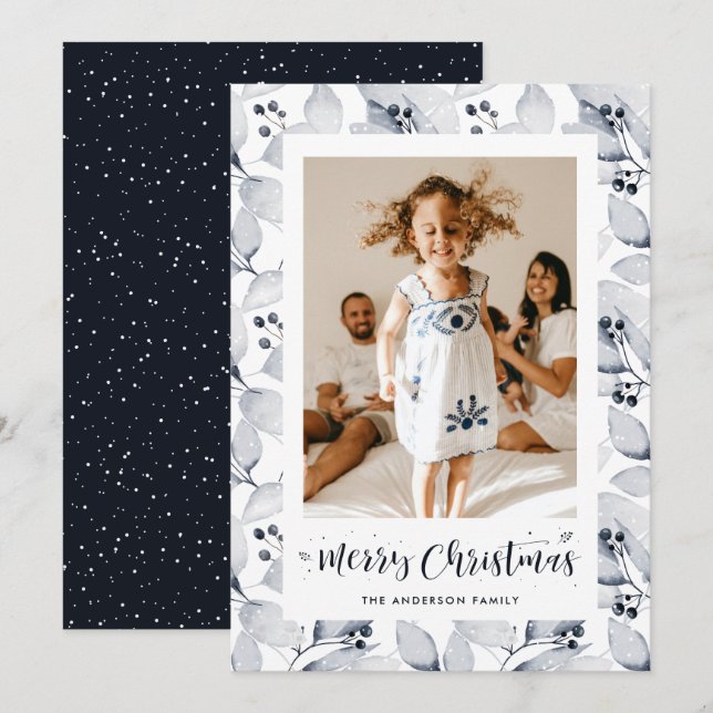 Blue Botanical Photo Merry Christmas Card (Front/Back)