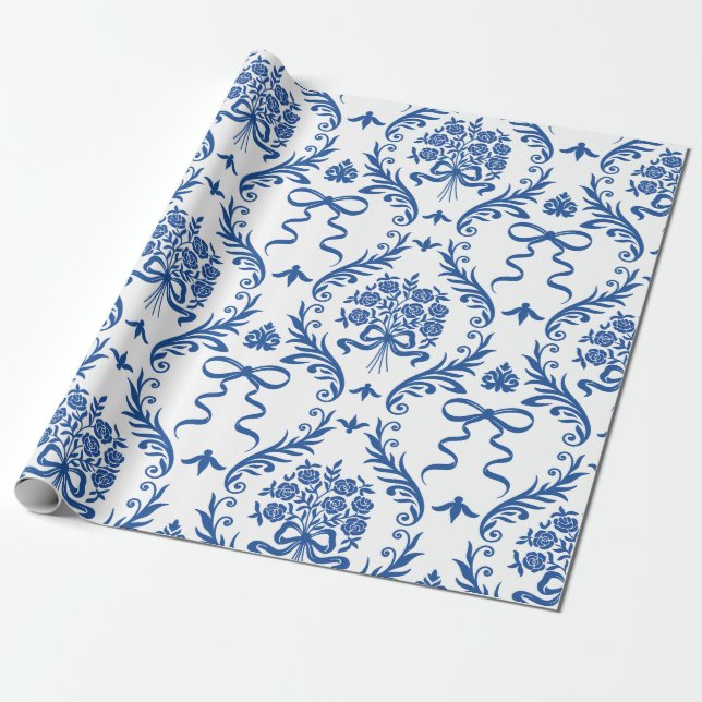 Blue Botanical Ribbon Bouquet Wrapping Paper (Unrolled)