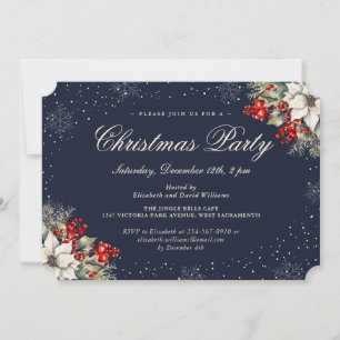 Blue Botanical Snowflake Christmas Holiday Party Invitation