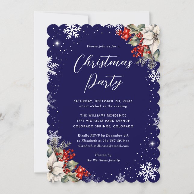 Blue Botanical Snowflake Christmas Party Invitation (Front)